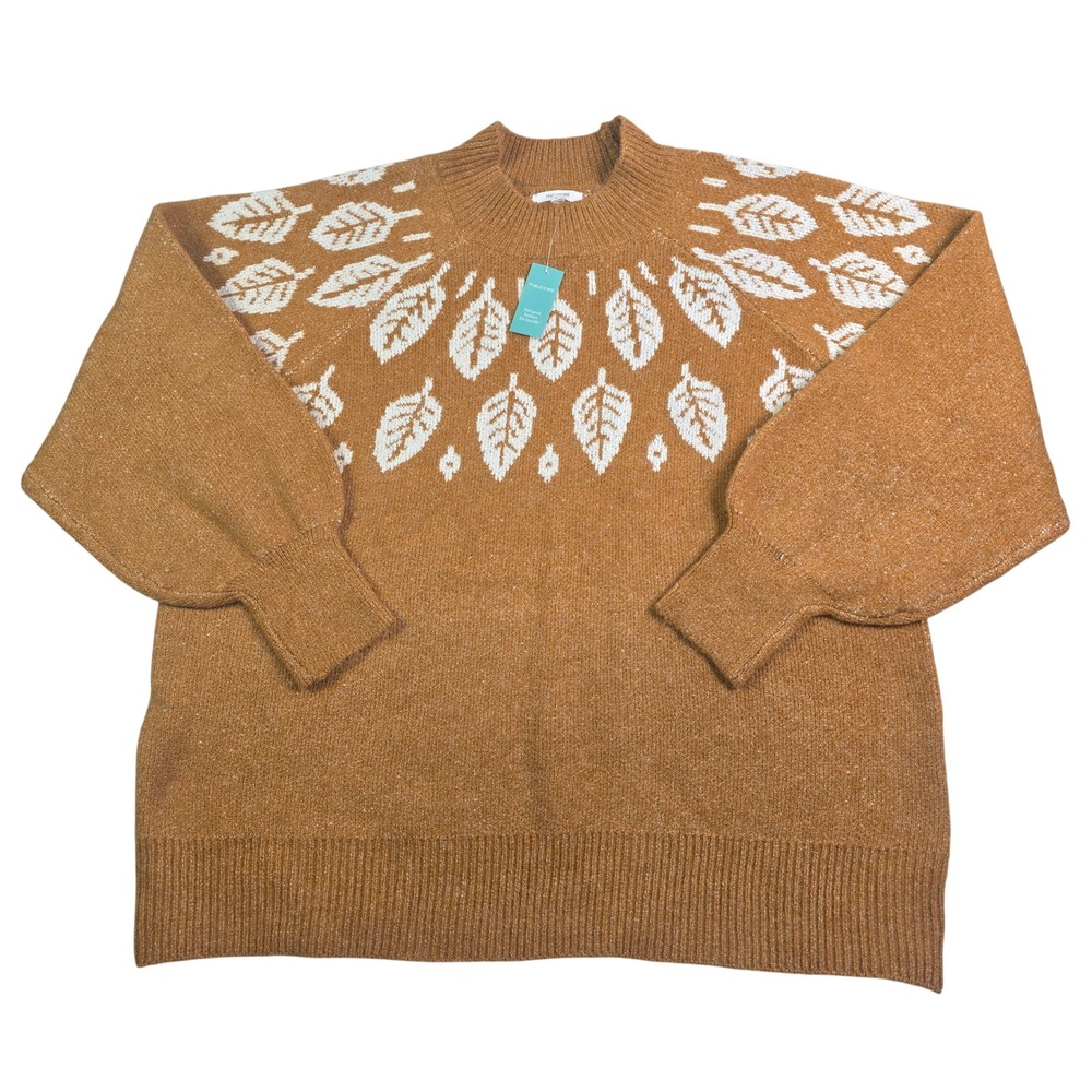 Maurices Sweater Womens 2X Brown Leaf Intarsia Mock Neck Balloon Sleeve Autumn